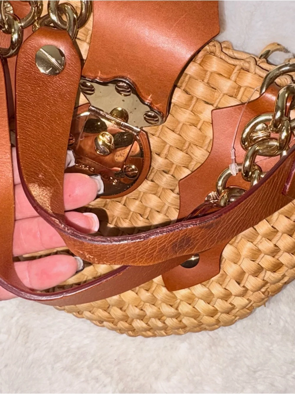 Michael Kors Brown Woven Straw Tote with Chestnut Leather Trim Santorini shopper - Picture 2 of 7